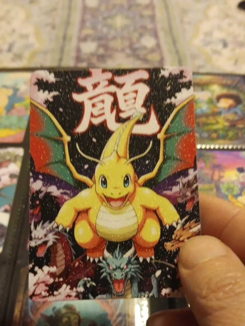 Dragonite Pokémon Art Card - Yellow Dragon with Multicolor Wings